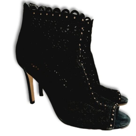 MARC FISHER Peep-Toe Stiletto Heel Ankle Bootie Perforated Black Suede Sz 8.5 M - Picture 1 of 16